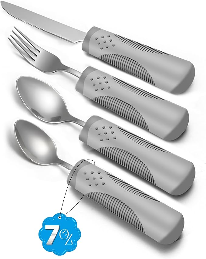 Adaptive Utensils (4-Piece Set) Weighted 7 Oz Each- Weighted Utensils for Hand Tremors and Parkinson's Patients - Weighted Silverware for Hand Tremors, Weighted Spoons