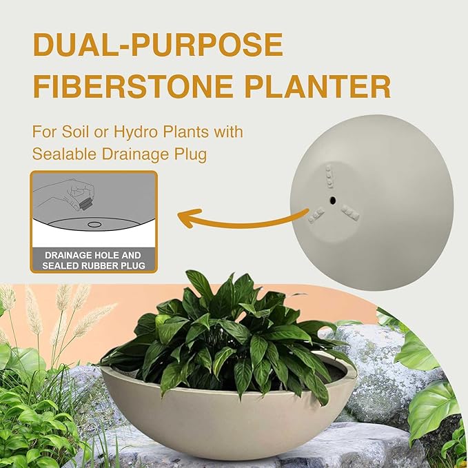 7.7" H x 22" D Round Bowl Fiberstone Planter for Succulent and Lotus with Drainage Hole, Smooth Finishes, Weather Resistant, Included 2 Extra Coco Mats (Taupe, 19.9" Pot Opening)
