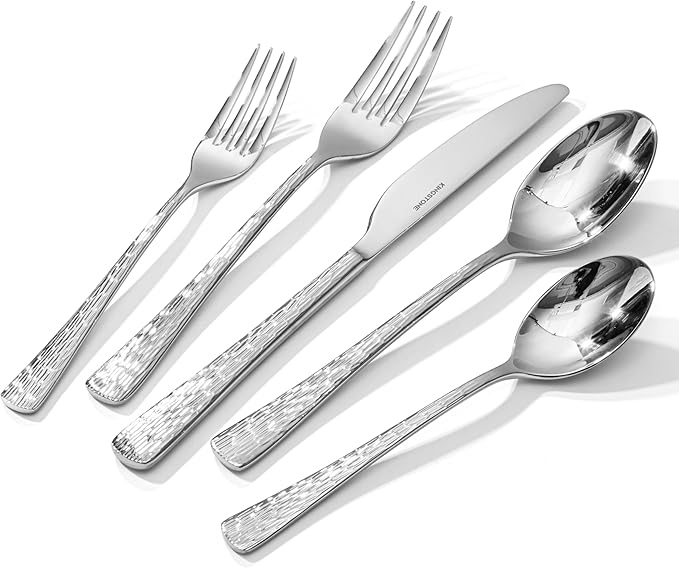 KINGSTONE Hammered Silverware Set, 30-Piece Flatware Set, 18/10 Stainless Steel Premium Cutlery with Unique Ripple Handles Design Mirror Polished - Dishwasher Safe