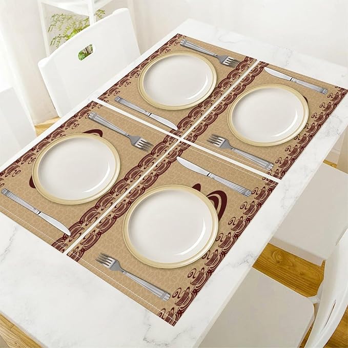 Vintage Coffee Theme Placemat Set, Minimal Rustic Farmhouse Brown Beige Geometric Coffee Cup Beans Seamless Pattern Home Decor Linen Table Mats for Dining Room Kitchen Party (17x12in) x2P