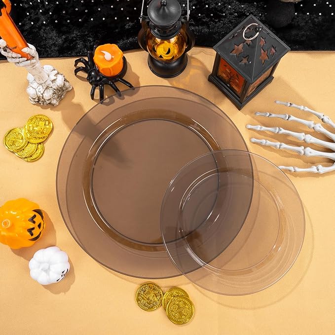 I00000 102 Pcs Clear Black Plastic Plates, Black Disposable Party Halloween Plates Include 51 Dinner Plate 10’’ and 51 Dessert Plate 7’’ Perfect for Wedding, Party & Halloween