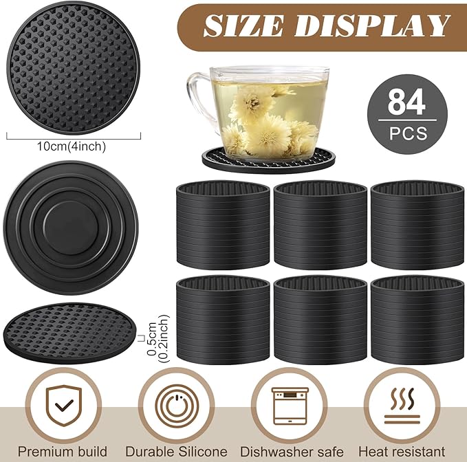 Eccliy 84 Pack Silicone Coasters for Drinks Nonslip Silicone Drink Coasters Cold Hot Heat Resistant for Table Tabletop Coffee Bar (Black)