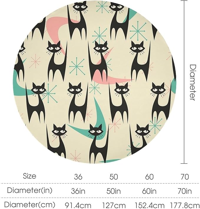 Mid Century Colorful Modern Cat Round Tablecloth, Medieval Bohemian Abstract Animal Tablecloth for Home Party Dining Room Kitchen Decor 50Inch(127cm)