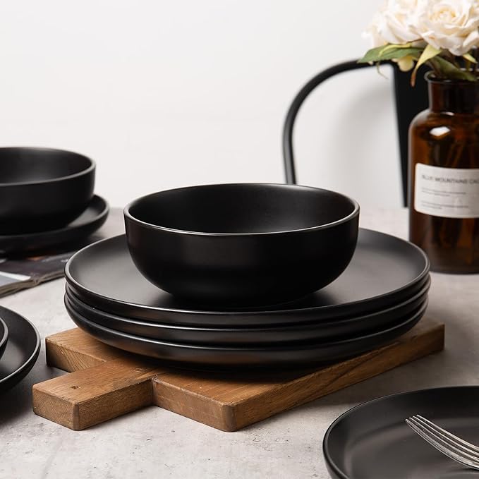 12-Piece Stoneware Dinnerware Set with Mugs | Microwave and Dishwasher Friendly | Stackable Matte Glaze Plates & Bowls | Service for 3 (Black for 4)