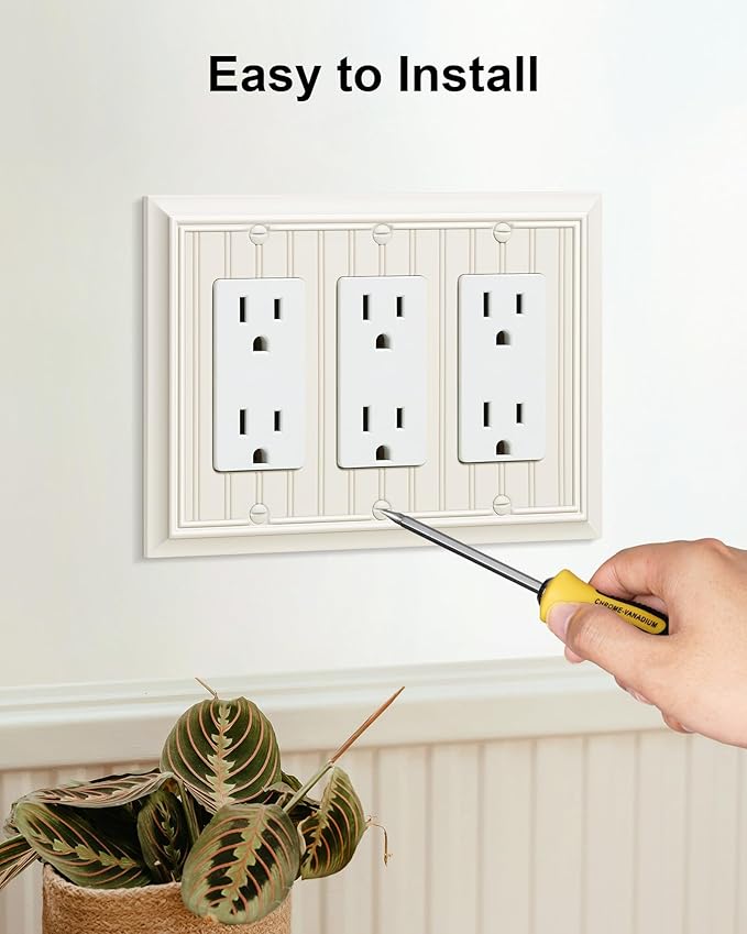 2-Pack Classic Beadboard Decorative Tripple Decorator Outlet Cover Plate, Durable Natural Bamboo Fiber Light Almond Wall Plate for Electrical Outlets, Receptacle, GFCI Outlet, Dimmer Switch, 3-Gang