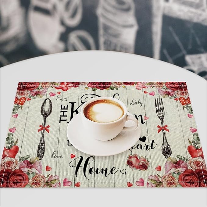Retro Farmhouse Placemat Set, Romantic Pink Rose Floral Rural Plank Art Sketch Cutlery Knife Fork Inspirational Quotes Pattern Home Decor Linen Table Mats for Dining Room Kitchen Party (17x12in) x6P
