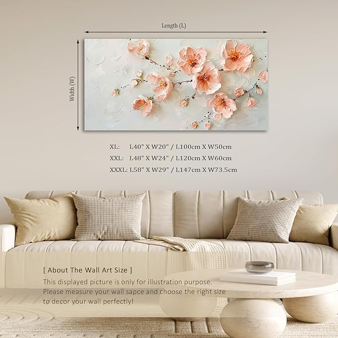 ADJUVANT Wall Art Impressionist Pink Floral 48"L x 24"W, Cherry Blossoms Canvas Painting Soft Petals Artwork Pastel Tones Prints Spring Flowers Wall Decor for Living Room Bedroom Bathroom Home Office