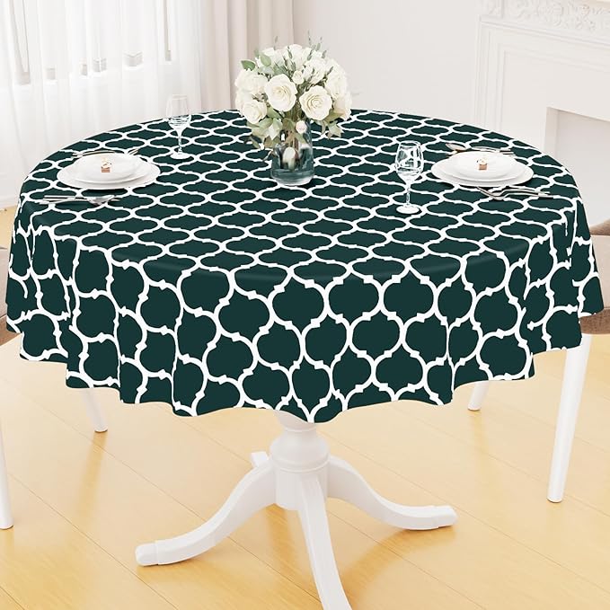 Smiry Round Plastic Table Cloth, Waterproof Vinyl Tablecloth with Flannel Backing for Round Tables, Wipeable & Spillproof for Dining, Camping, Indoor and Outdoor (60" Round, Hunter Green)