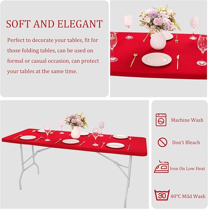 4 Pack Spandex Tablecloth Table Top Cap Cover Washable Elastic Rectangle Tablecloth for 6 FT Folding Tables for Indoor Outdoor Party (72 x 30 Inches, Red)