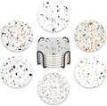 Terrazzo Ceramic Coasters with Holder Set of 6, Modern Art Absorbent Drink Cup Mat for Coffee Table Protection, 4 Inches Minimalist Artistic Home Kitchen Decor Housewarming Gifts