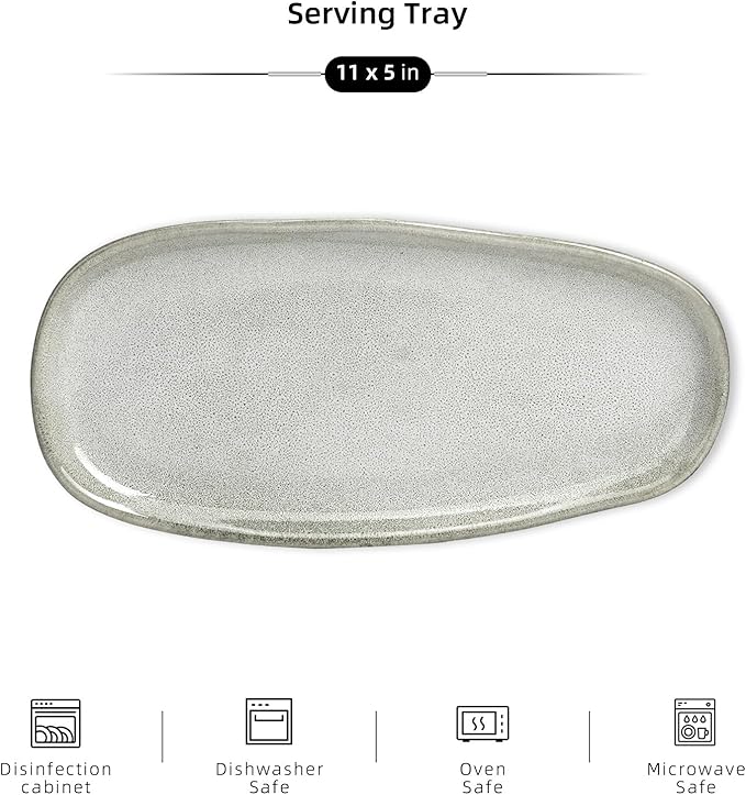 Organic Shape Highland Ceramic Serving Tray, 6pcs 11.625 * 5.125inch Handmade Reactive Glaze ceramic Tray with Wavy Edge, for Kitchen, Microwave & Dishwasher Safe, Scratch Resistant-grey