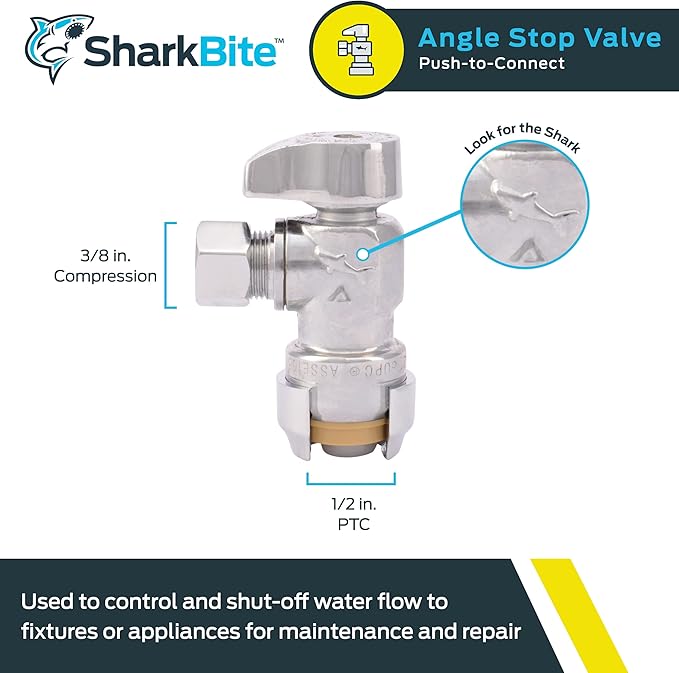 SharkBite 23036-0000LF Brass Push Angle Stop, 1/2 in. x 3/8 in. Compression, Chrome