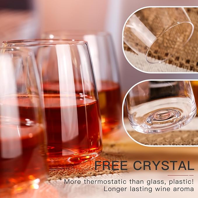 Stemless Wine Glasses Set of 4-15 oz Clear-Modern Hand-Blown Wine Glasses, European Design Crystal Glass For Red & White Wine, Unique Gifts for Wedding, Birthday,Valentine's Day