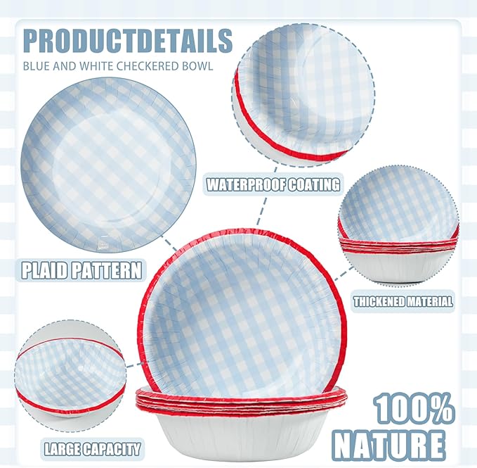50 Pcs Small Paper Bowls, 8 oz Disposable Gingham Bowls, Soak Proof, Cut Proof, Microwave Safe Compostable Checkered Bowl for Ice Cream, Snack, Buffalo Plaid Birthday Party Supplies (Blue)