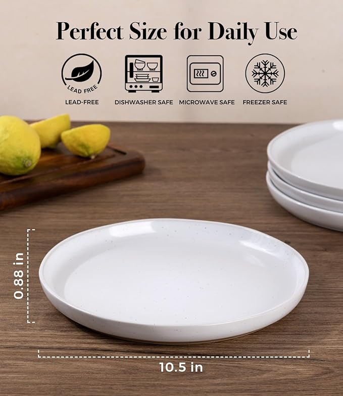 AmorArc Ceramic Dinner Plates Set of 6,10.5 Inch Stoneware Plates Set for Dinner, Elegant Dish Set with Rustic Terracotta Underside, Microwave & Dishwasher Safe, White