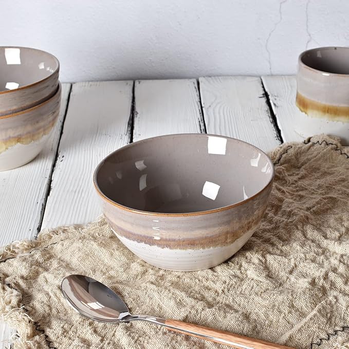 Bosmarlin Ceramic Cereal Bowl Set of 4, 26 Oz, Soup Bowl for Oatmeal, Salad, Dishwasher and Microwave Safe, Reactive Glaze (Brown, 6 in)