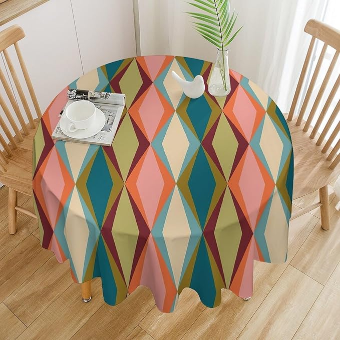 Abstract Geometric Boho Round Tablecloth, Retro Modern Mid Century Tablecloth for Home Party Dining Room Kitchen Decor 50Inch(127cm)