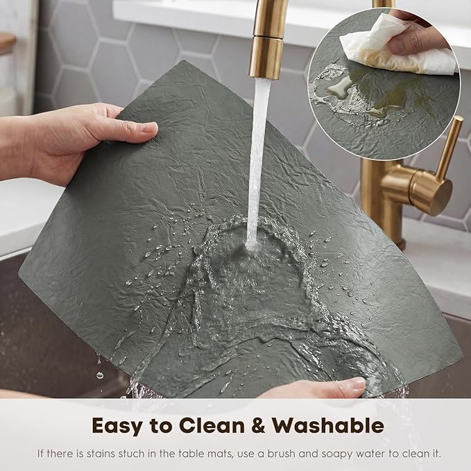 Artoid Mode Grey Faux Leather Placemats Set of 4, 12x18 Inch Waterproof Wipeable Heat Resistant Vinyl Place Mats, Reversible Table Mats for Winter Kitchen Dining Decor