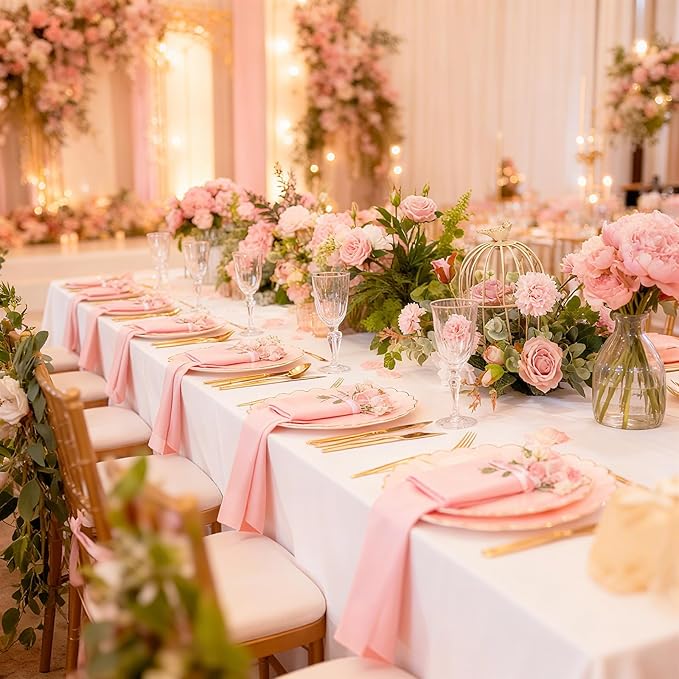 LIYH 210 Pcs Pink and Gold Scalloped Plastic Plates - Disposable Dinnerware Set, Include Gold Plastic Silverware, Pink Plates and Napkins Party Supplies for Birthday Wedding