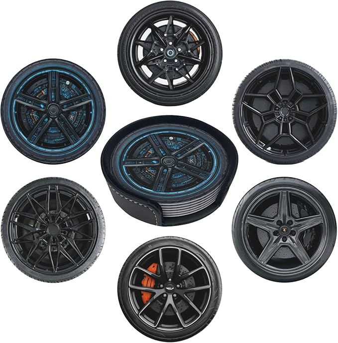 Tire Pattern Coasters for Drinks with Holder Round Leather Coasters Set of 6 Cups Mugs Mat Pad for Home Kitchen Bar
