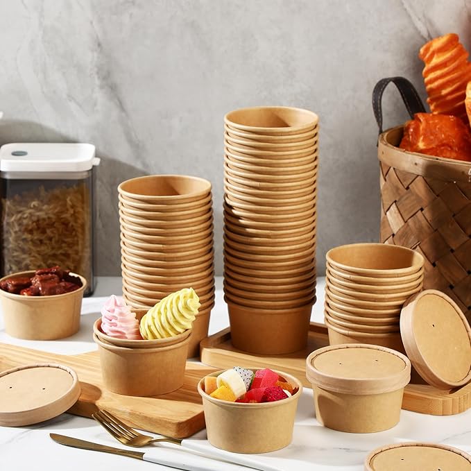 Fulmoon 100 Pack Paper Soup Containers with Lids Disposable Paper Food Containers with Vented Lid Kraft Ice Cream Cake Dessert Cups Soup Bowl for Party Hot Food Fruit Microwave(6 oz,Brown)