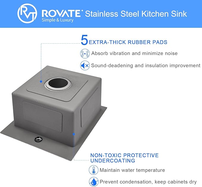 ROVATE 17 x 19 Inch Drop in Bar Sink Single Bowl, Topmount 304 Stainless Steel Small Kitchen Sink with 1 Hole, Handmade Overmount Wet Bar Prep Sinks with Basket Strainer