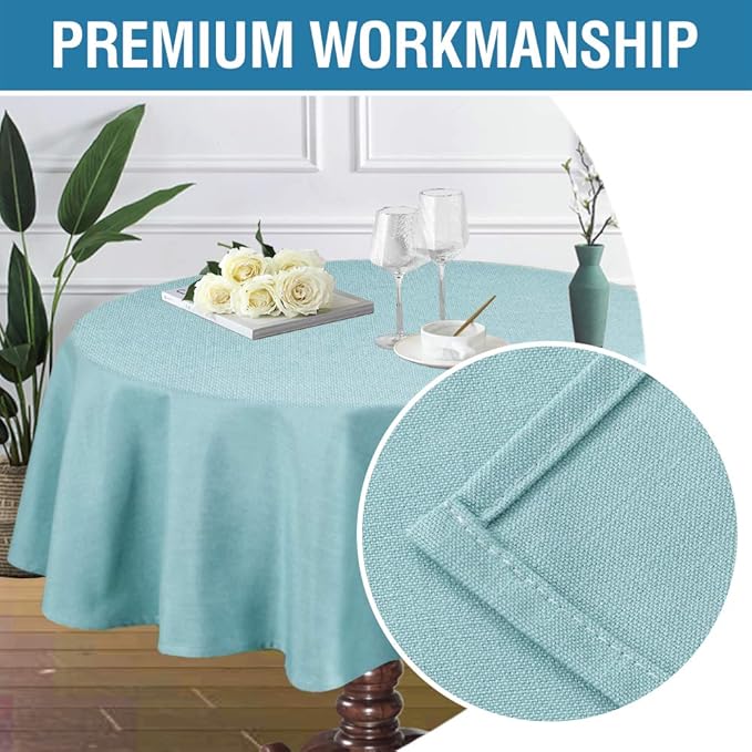 H.VERSAILTEX Linen Textured Table Cloths Round 70 Inch Premium Solid Tablecloth Spill-Proof Waterproof Table Cover for Dining Buffet Feature Extra Soft and Thick Fabric Wrinkle Free, Aqua