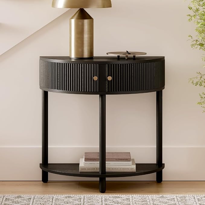 Entryway Table Fluted Half Moon Console - Semicircular, Black Oak Veneer - Hidden Storage with Two Fluted Doors & Brass Knobs - Modern Narrow Console Table for Living Room & Hallway