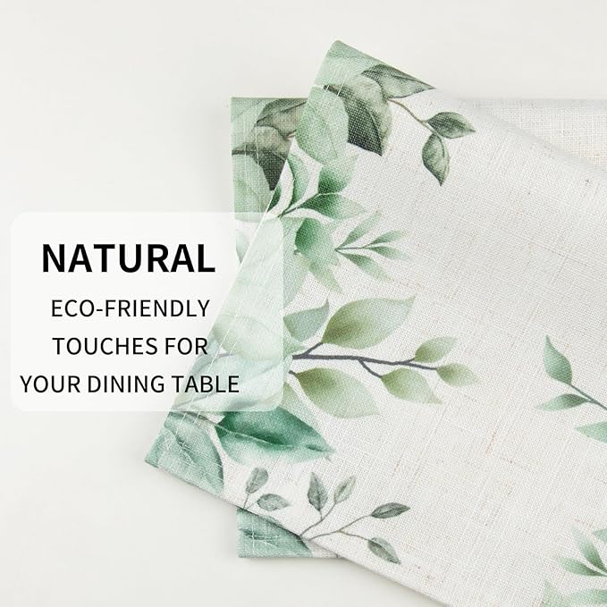 QIYI Boho Placemats Set of 6, 12x18 Inch Linen Fabric Place Mats for Kitchen Dinning, Farmhouse Rustic Cloth Table Mats, Washable Placemat Watercolor Foliage Party Table Décor, Green Leaves Border