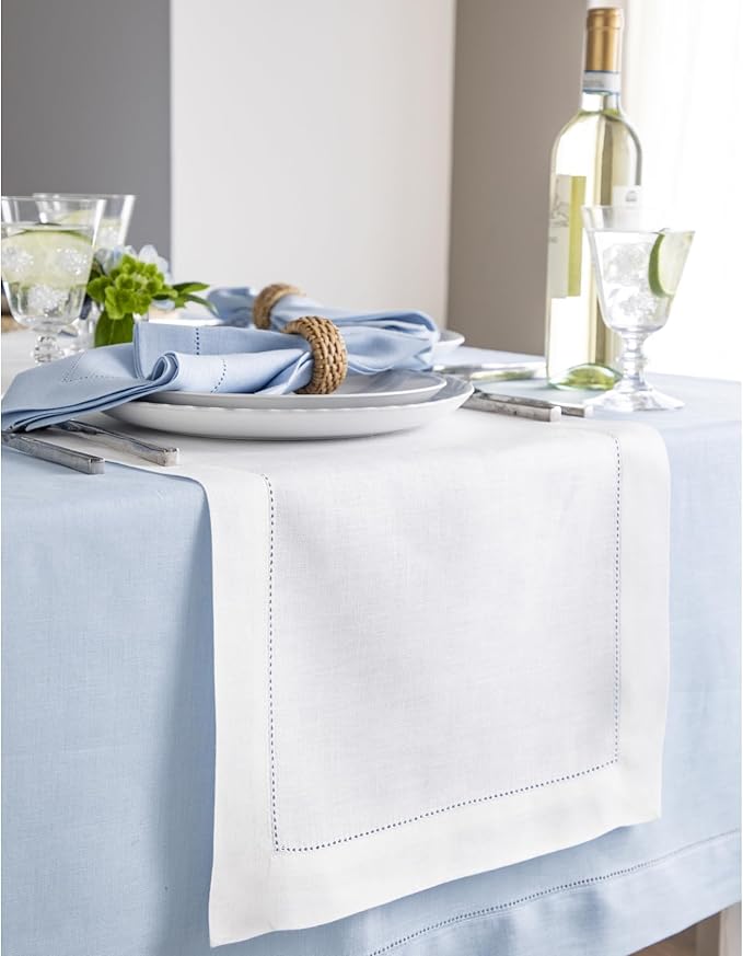 Solino Home Linen White Table Runner 48 Inches - Classic Hemstitch, 100% Pure Linen Coffee Table Runner 14 x 48 Inch Ideal for Dresser Tables - Winter, Valentines, Spring, Easter