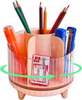 Rotating Desk Organizer with 7 Slots, 360-Degree Pencil Holder, Office Supply Storage for Home, School (Transparent Pink)