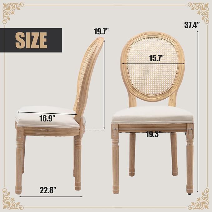 SoarFlash French Dining Chairs Set of 2, Vantage Dining Chair with Round Back, Wood Leg Farmhouse Country Rattan Dining Chair for Kitchen,Bedroom,Beige