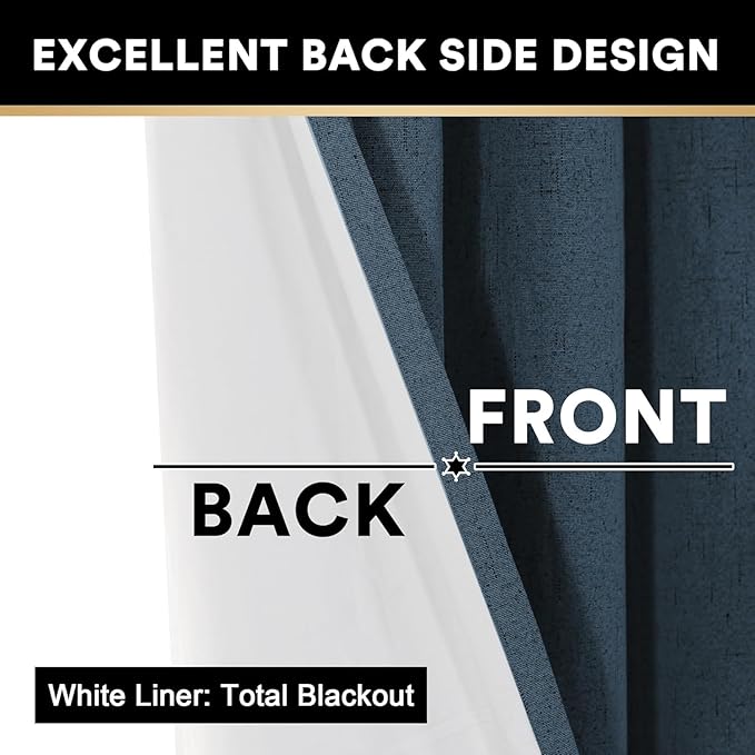 PrinceDeco Navy Blue 100% Blackout Linen Curtains 90 Inch Long, Thick Faux Linen Fabric Room Darkening Curtains & Drapes for Bedroom/Living Room Thermal Insulated with White Liner,52 x 90 Inch