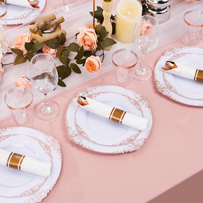 Hioasis 350pcs Rose Gold Plastic Plates - Elegant Disposable Dinnerware Set Suitable for 50 Guests Include 10.25" Dinner & 7.5" Dessert Plates, Pre Rolled Silverware Set, Cups for Party & Thanksgiving