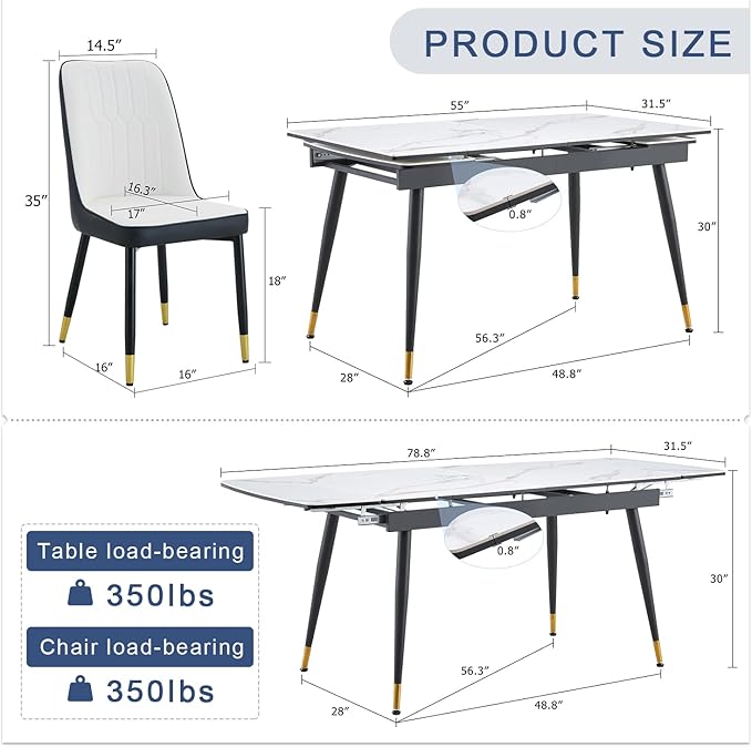 Extendable Dining Table Set for 6, 55'' to 78.8'' Rectangular Thickened Sintered Stone Kitchen Table with 6 Upholstered Chairs, Modern Space Saving 7-Piece Dinner Table Set