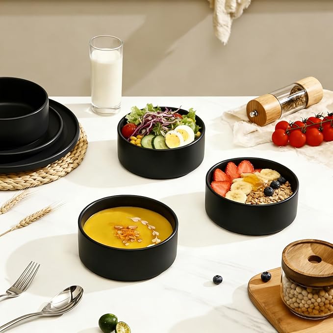 GZG Ceramic Cereal Bowls Set of 4,6 Inch Stoneware Soup Bowls,Dishwasher and Microwave Safe,Stackable,Scratch Resistant for Oatmeal,Fruit,Salads and Rice(Matte Black)