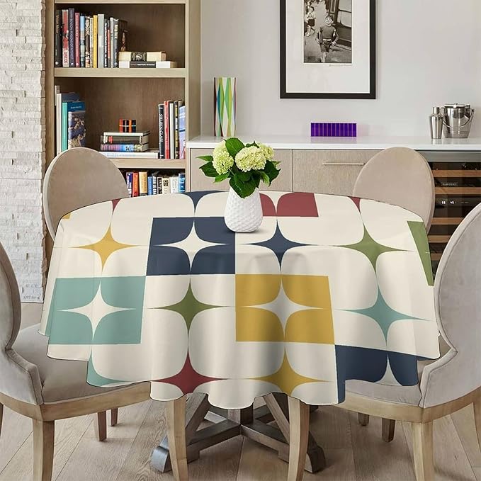 Middle Century Modern Round Tablecloth, Retro Mid Century Geometry Abstract Bohemia Tablecloth for Home Party Dining Room Kitchen Decor 70Inch(178cm)