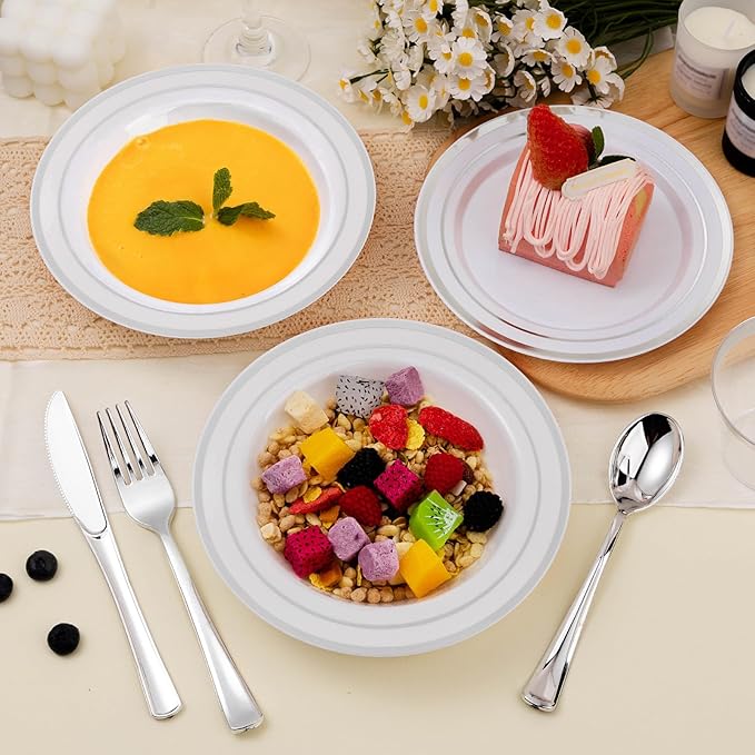 BESTSTAR 50 Pack Disposable Soup Bowls with Silver Rim, 12oz Premium Heavy Duty Plastic Dinner Bowls for Party, Wedding and Holiday