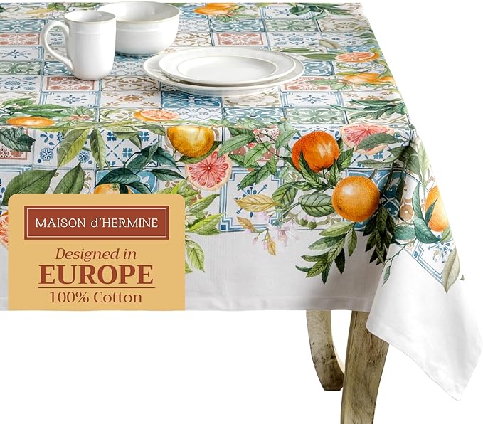 Maison d' Hermine Table Cloth Square Table 100% Cotton 54 x 54 Inches Tablecloth Reusable Decorative for Dining Room Farmhouse Home Valentines Day Decorations Spring Summer - Agrume