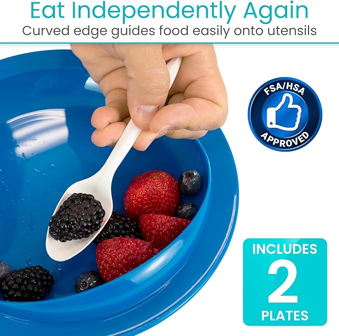 Vive Spill-Proof Scoop Plate, 9" (2 Pack) - Dish with Wall for Disabled, Handicapped, Elderly Adults with Special Needs from Parkinsons, Dementia, Stroke, Tremors with - Non Skid Padded Bottom