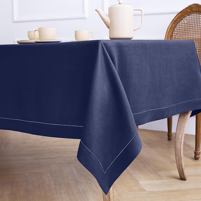 Solino Home Linen Tablecloth for Rectangle Tables 60 x 90 Inch - Classic Hemstitch 100% Pure Linen Navy Blue Table Cloth - Machine Washable Cloth Tablecloth for Winter, Easter