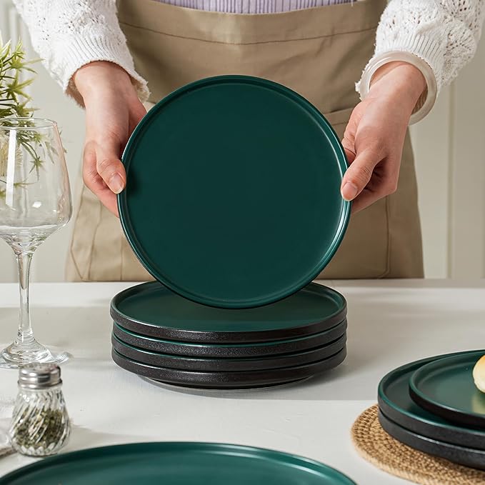 Stoneware Salad Plates Set of 4, 8 Inch Plates for Dessert, Ceramic Plates Sets, Microwave Safe, Dishwasher Safe, Versatile for All Seasons, Matte Green