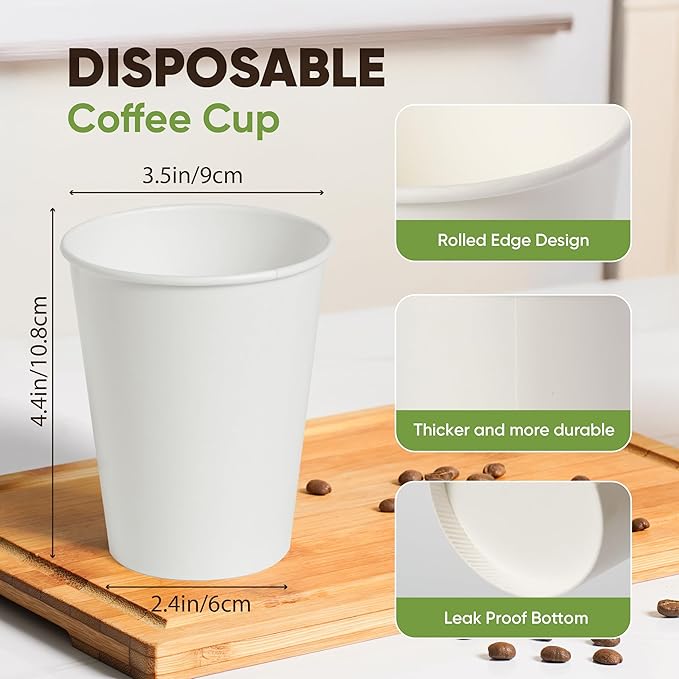Paper Cups 14 oz – 200 Disposable Coffee Cups with 100 Paper Straws | Hot Cups for Coffee & Tea up to 150°F | Food-Contact Compliant Paper (FDA 21 CFR 176.170)