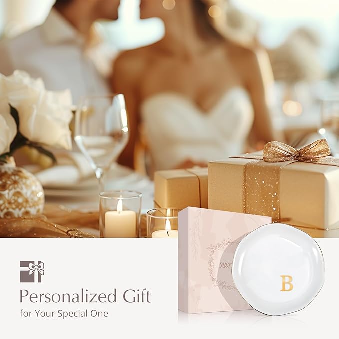 ProCase Ceramic Jewelry Tray, Initial Ring Dish Trinket Plate Engagement Gift, Small Personalized Monogram Ring Bowl for Wedding, White Decorative Jewelry Holder for Women Vanity -Letter B