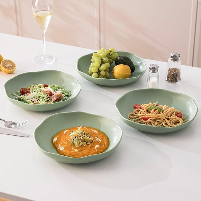 Pasta Bowls Set of 4, Ceramic 24.5oz Serving Salad Bowl, Large 8.5 inch Wide Shallow Soup Bowls with Wavy Rim, Easy to Clean, Oven Microwave Dishwasher Safe for Fruit Pasta Salad Dinner - Green