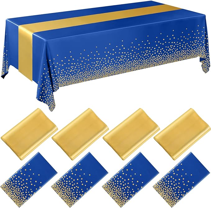 Breling 8 Pack Navy Blue and Gold Disposable Plastic Tablecloths and Satin Table Runner Set, 54 x 108 Inch Tablecloth, 12 x 108 Inch Table Runners for Wedding Graduation Birthday Baby Shower New Year