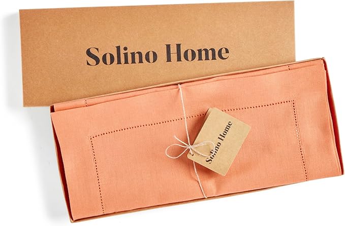 Solino Home Linen Table Runner 90 Inches Long - 100% Pure Linen Coral Table Runner 14 x 90 Inch for Valentines, Spring, Easter - Classic Hemstitch