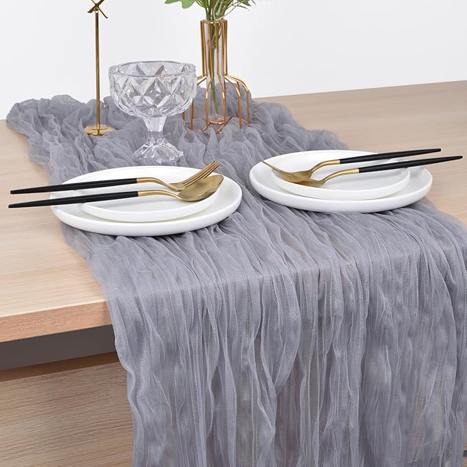 Joanlody Light Gray Cheesecloth Table Runner Spring Easter 10Ft Rustic Gauze Boho Cheese Cloth Table Runner for Wedding Bridal Baby Shower Decoration 4 Pack