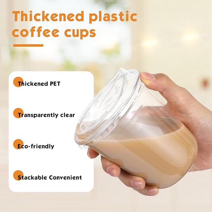 50 Sets 14 oz Clear Plastic Cups with Strawless Sip Lids, Thickened Clear Disposable Plastic PET Crystal Cups for Iced Coffee, Smoothie, Cold Beverage, Drink Shops and Party Catering