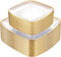 bUCLA 100PCS Clear and Gold Plastic Plates Disposable - Square Gold Heavy Duty - Include 50 Each (Dinner & Dessert) Plates for Party & Thanksgiving